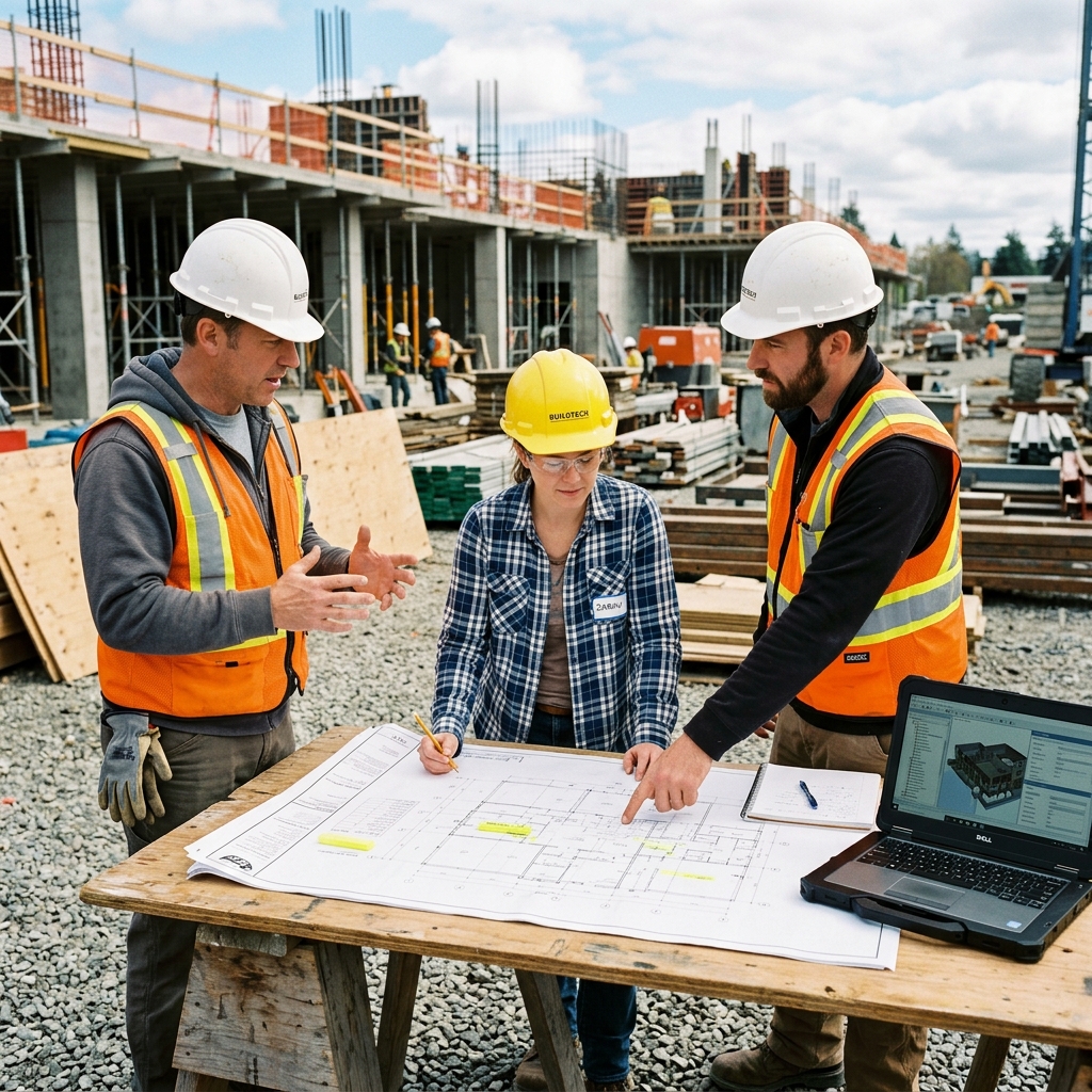 Construction Engineers reviewing blueprints
